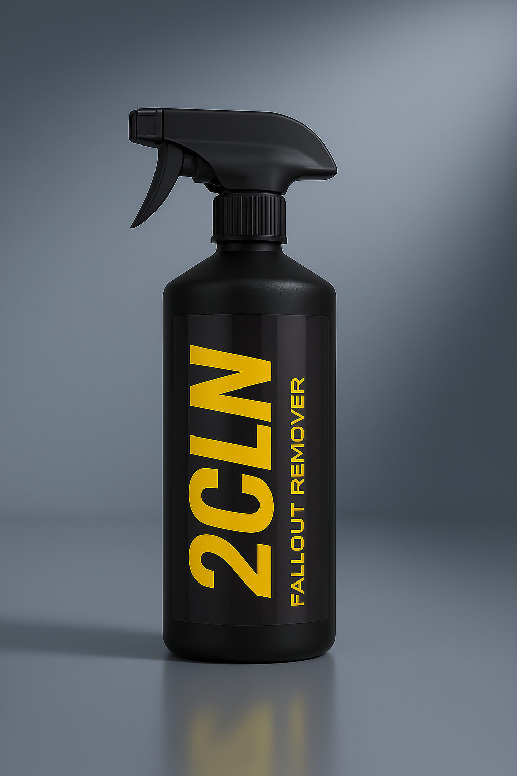 Black spray bottle with yellow text on a gray background 500Ml fallout remover