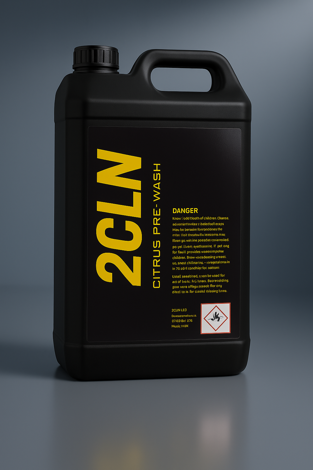 Black container labeled '2CLN' with yellow text on a gray background 2.5L citrus pre wash